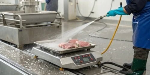 A stainless steel waterproof weighing scale being washed down in a meat processing facility.