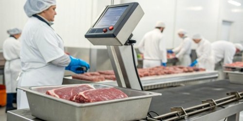 A waterproof industrial scale being used in a meat processing facility.