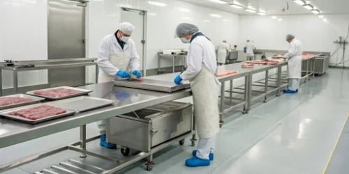 a modern meat cutting room with stainless steel tables and weighing scales