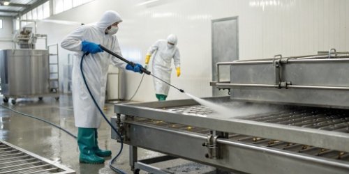 A stainless steel industrial scale being cleaned with a high-pressure water jet in a food processing facility.