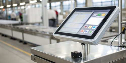 A modern Smart PC Scale with a large touch screen displaying data, ready for use in an industrial setting.