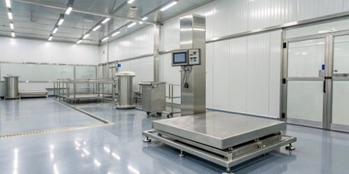 A stainless steel industrial scale in a clean, cold processing facility.