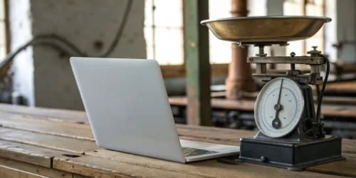 A modern industrial scale connected to a computer, contrasting with an old manual scale in the background