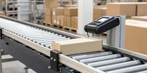 A modern industrial scale with an integrated label printer operating on a fast-moving conveyor belt