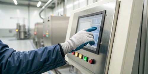 Close-up of a gloved hand easily tapping a button on an industrial touchscreen.