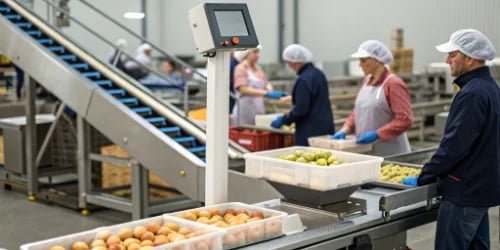 Industry-Specific Smart PC Scale A smart PC scale being used in a busy food processing plant.