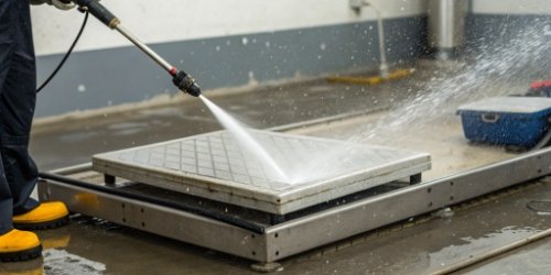 Close-up of water being sprayed on a sealed industrial scale.