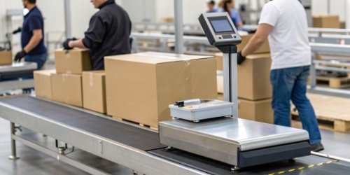 A modern automated weighing scale with a label printer in a packing facility.