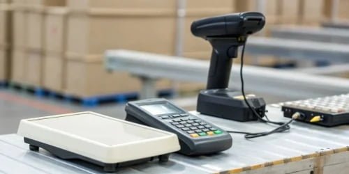 Food Traceability Hardware Components An array of hardware components including a barcode scanner, RFID tag, and a digital scale