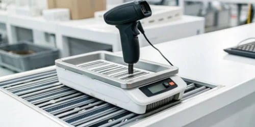 Close-up of a barcode being scanned by an integrated scanner on a weighing scale