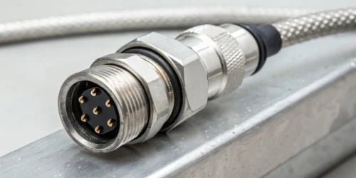 A close-up of a waterproof IP68-rated a M12 connector on an industrial scale.