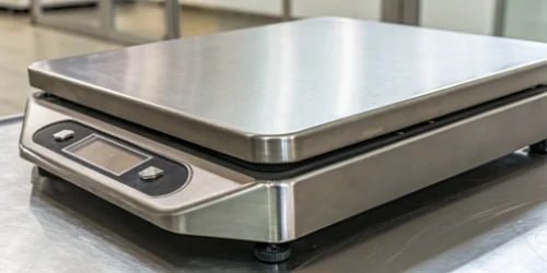 A close-up shot of the stainless steel surface and sealed components of an industrial scale.