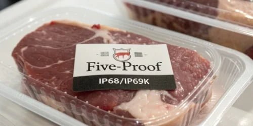 Close-up of a waterproof label on a package of meat