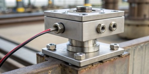 Close-up of a hermetically sealed load cell showing its robust construction.