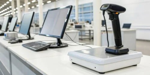 A barcode scanner reading a label next to a smart PC scale, illustrating automation technology.