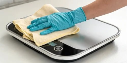 Best Practices for Scale Maintenance A gloved hand cleaning the surface of a smart scale