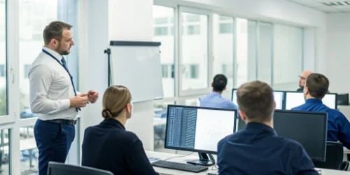 A team member receiving security training in a modern office