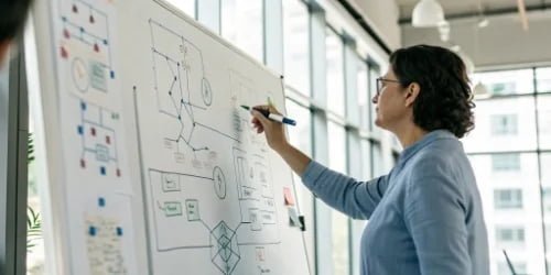 a person planning a business strategy on a whiteboard