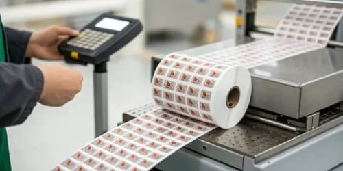 A close-up of a label being printed from a weighing scale