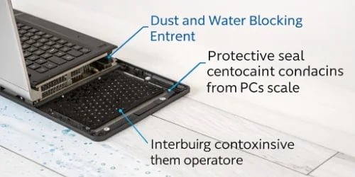 Benefits of IP6X Sealing Diagram showing dust and water being blocked from entering the PC scale's enclosure