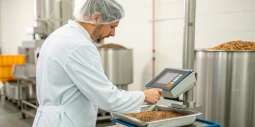A factory worker using a smart PC scale to weigh a batch of raw ingredients.