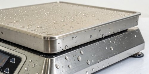 A close-up shot showing the waterproof seal and stainless steel casing of a washdown scale.