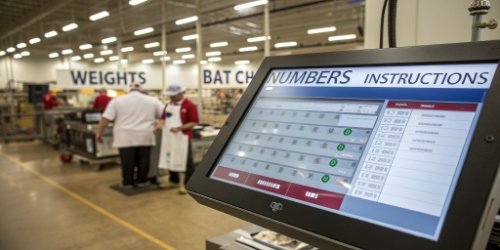 A wide-angle view of a large touchscreen displaying clear, large-font data in a meat processing facility.