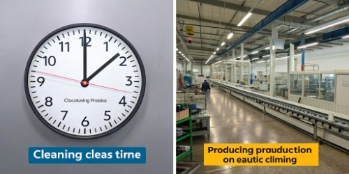 A split-screen image showing a clock with less time on one side next to a running production line, and more time on the other side by a stopped line