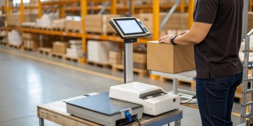 A mobile weighing station with an integrated tablet and printer being used in a warehouse.