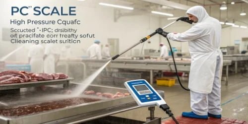 Durability in Meat Processing A PC Scale being cleaned with a high-pressure hose in a meat processing plant