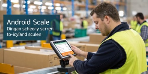 A worker easily using the touch screen of an Android scale in a busy sorting center.