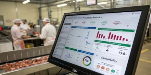 Meat Processing Analytics Dashboard A dashboard showing real-time production analytics from a meat processing plant.