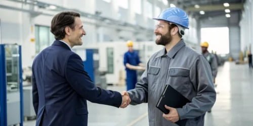 a consultant shaking hands with a factory manager