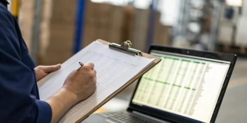 Impact of Missing Hardware A clipboard with handwritten logs next to a computer running traceability software, showing a disconnect