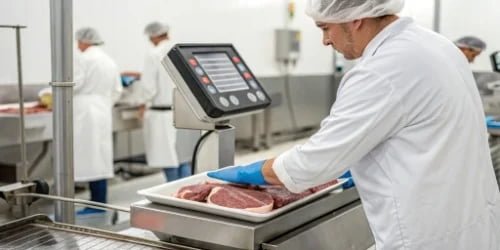 a worker using an integrated PC weigh-label scale in a food processing facility