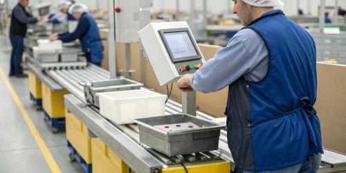 A worker efficiently using a weigh-price-label system on a production line