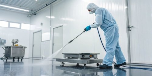 A worker in sanitary gear high-pressure washing a stainless steel scale in a cleanroom environment
