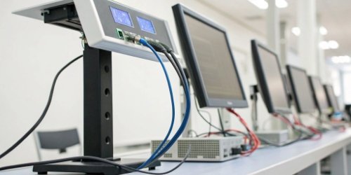 A close-up of a digital scale's display connected to a computer system