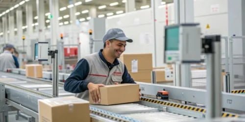 A happy and efficient worker on a production line where packages are being labeled and sorted automatically