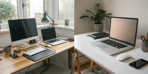 Workspace Consolidation Benefits Before and after images of a workspace: one cluttered with three devices, the other clean with only a smart PC scale