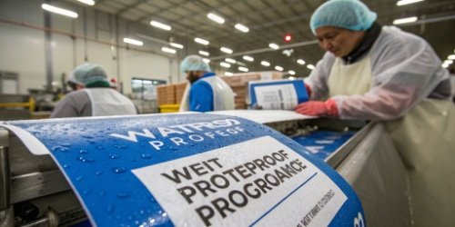 A waterproof label being applied to a wet package in a food processing facility, demonstrating its durability.