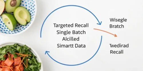 A diagram showing a targeted recall isolating a single batch, vs a widespread recall of all products.