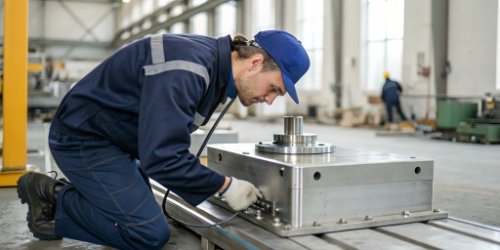 A technician inspecting the hermetically sealed load cell of an industrial scale.