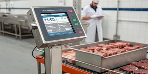 An industrial scale with an integrated touch screen displaying data.