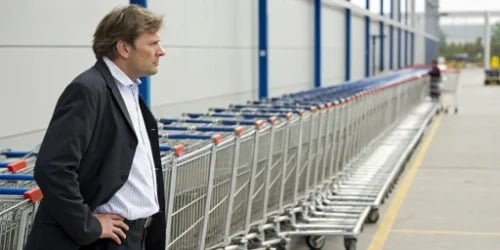 A manager looking concerned at a long queue of carts waiting for a single weighing station