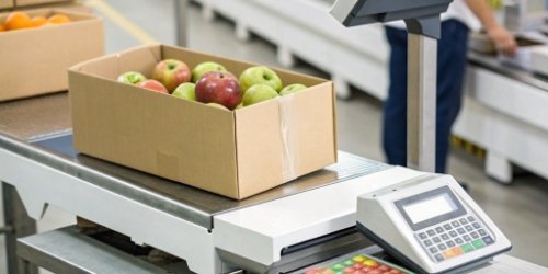A QR code label being printed for a box of produce