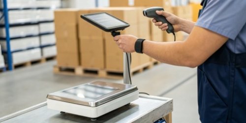 A worker using a barcode scanner connected to a weighing scale and a tablet