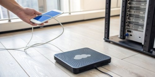 A diagram showing a smart scale securely transmitting data to a cloud server, which can be accessed from a computer and mobile device.