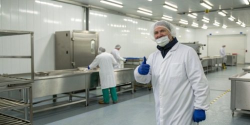 A food safety inspector in a white coat giving a thumbs-up in a clean processing facility