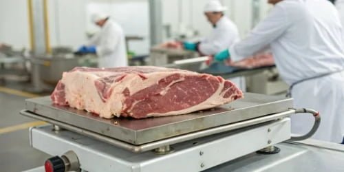 A heavy piece of meat being placed on a robust stainless steel platform scale.
